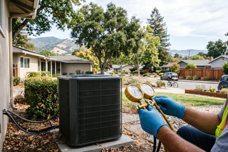 Technician checking refrigerant pressure on an outdoor AC unit