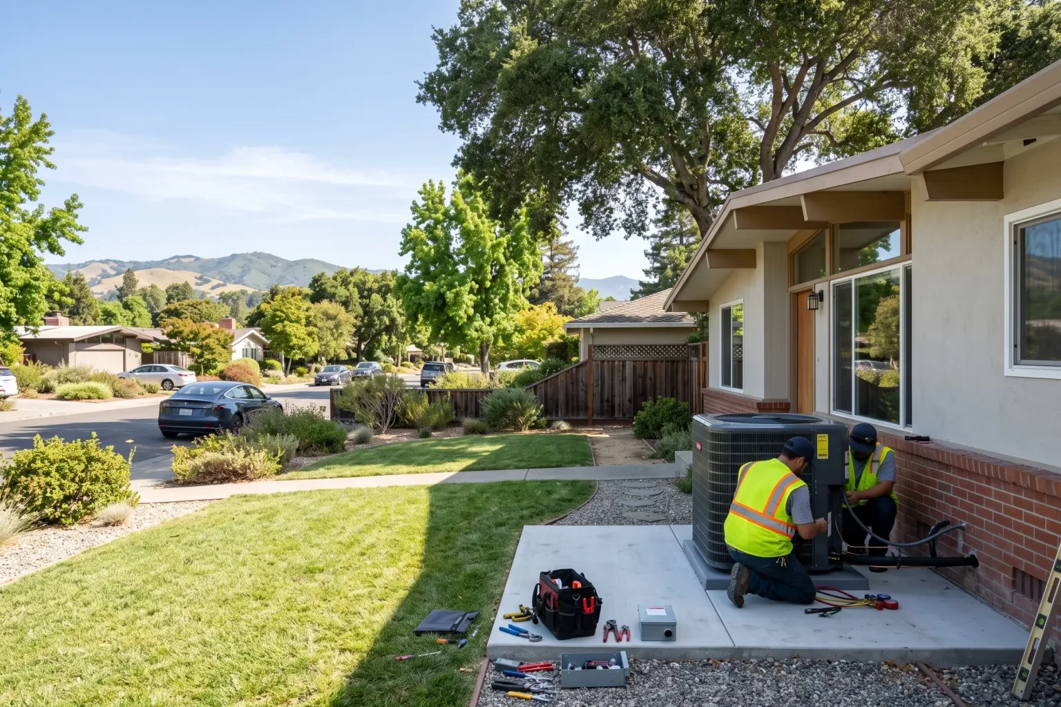Technicians installing a new outdoor air conditioning unit beside a home